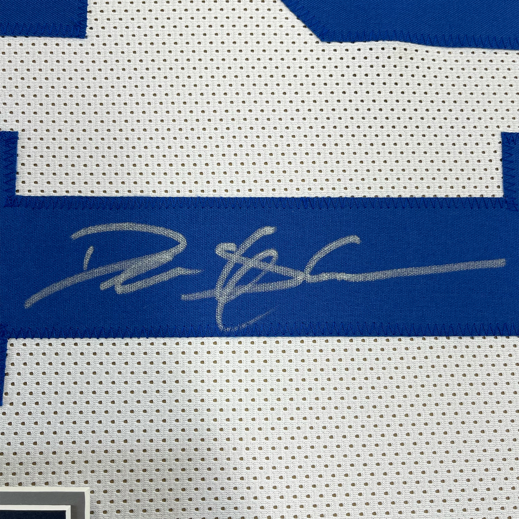 Framed Autographed/Signed Deion Sanders 35x39 Dallas White Football Jersey Beckett BAS COA