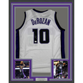 FramedAutographed/Signed DeMar DeRozan 35x39 Sacramento White Basketball Jersey Beckett BAS COA