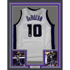 FramedAutographed/Signed DeMar DeRozan 35x39 Sacramento White Basketball Jersey Beckett BAS COA
