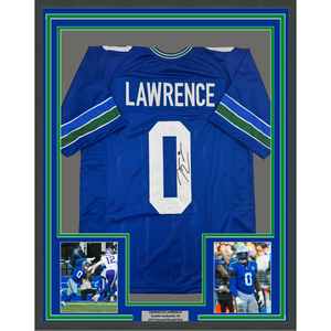 Framed Autographed/Signed DeMarcus Lawrence 35x39 Seattle Blue Retro Football Jersey Beckett BAS COA