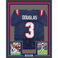 Framed Autographed/Signed DeMario Douglas 35x39 New England Blue Football Jersey Beckett BAS COA