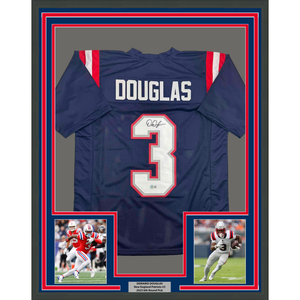 Framed Autographed/Signed DeMario Douglas 35x39 New England Blue Football Jersey Beckett BAS COA