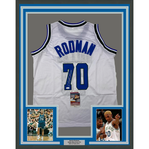 Framed Autographed/Signed Dennis Rodman 35x39 Dallas White Basketball Jersey JSA COA