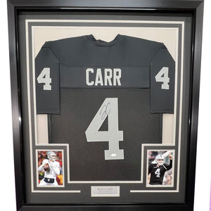 Framed Autographed/Signed Derek Carr 35x39 Las Vegas Oakland Black Football Jersey JSA COA