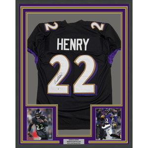 Framed Autographed/Signed Derrick Henry 35x39 Baltimore Black Football Jersey JSA COA