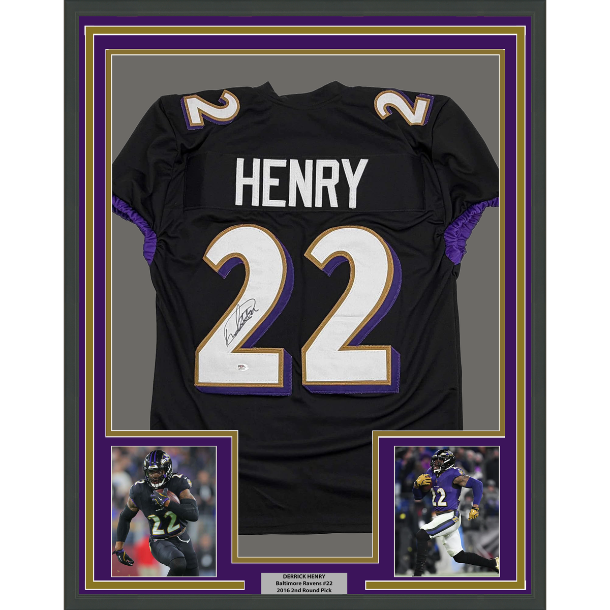 Framed Autographed/Signed Derrick Henry 35x39 Baltimore Black Football Jersey JSA COA
