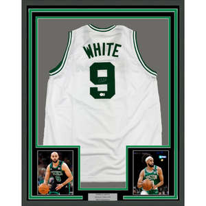 Framed Autographed/Signed Derrick White 35x39 Boston White Basketball Jersey Beckett BAS COA