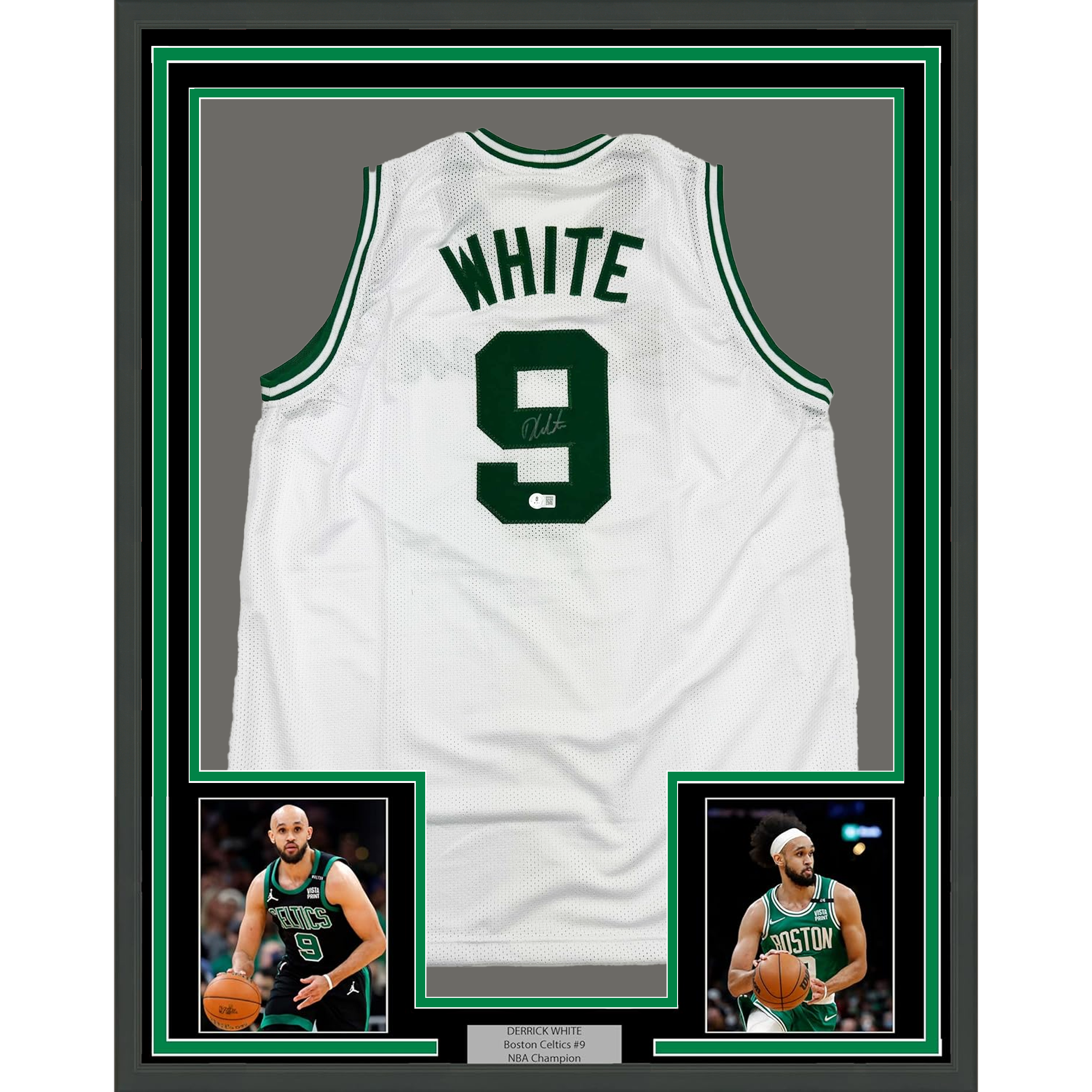 Framed Autographed/Signed Derrick White 35x39 Boston White Basketball Jersey Beckett BAS COA