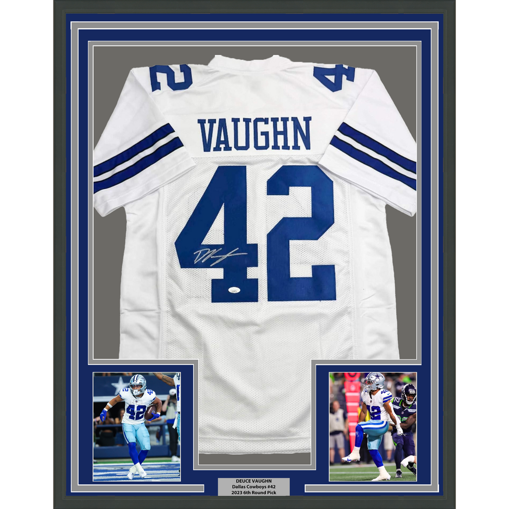 Framed Autographed/Signed Deuce Vaughn 35x39 Dallas White Football Jersey JSA COA