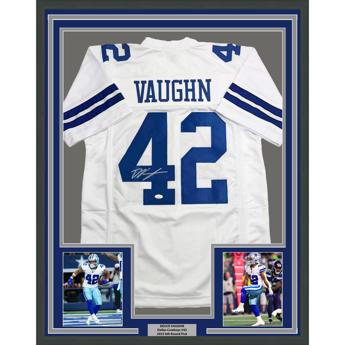 Framed Autographed/Signed Deuce Vaughn 35x39 Dallas White Football Jersey JSA COA