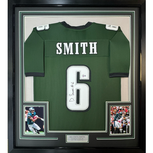 Framed Autographed/Signed Devonta Smith 35x39 Philadelphia Green Football Jersey Beckett BAS COA