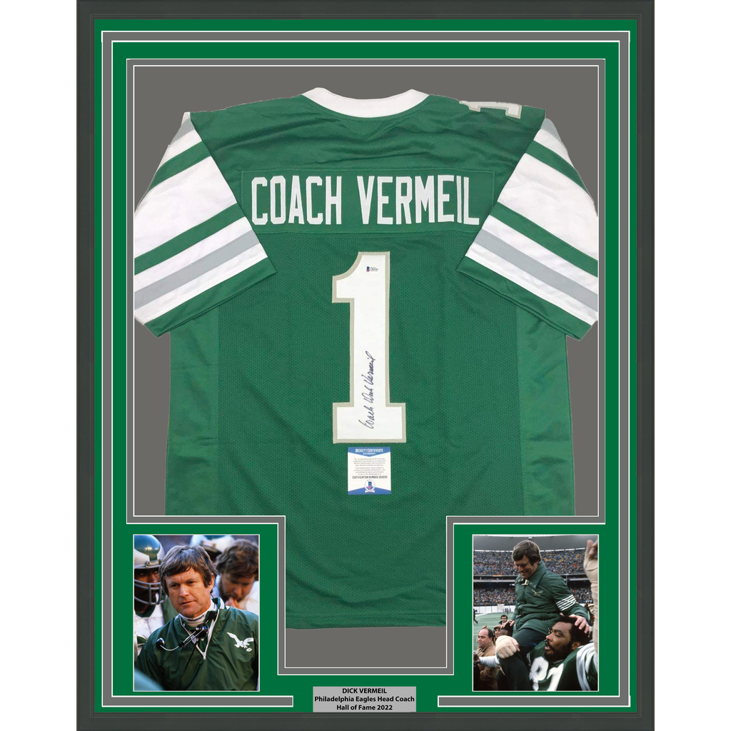 Framed Autographed/Signed Dick Vermeil 35x39 Philadelphia Green Football Jersey JSA COA