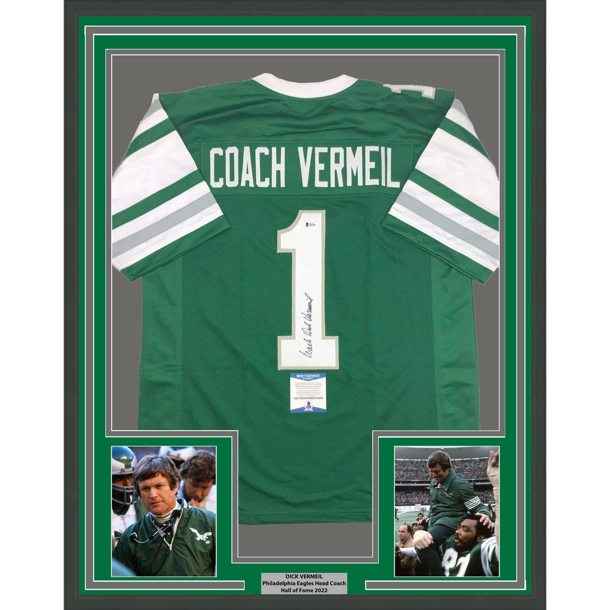 Framed Autographed/Signed Dick Vermeil 35x39 Philadelphia Green Football Jersey JSA COA
