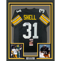 Framed Autographed/Signed Donnie Shell 35x39 Pittsburgh Black Football Jersey JSA COA