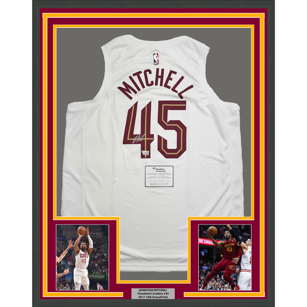 Framed Autographed/Signed Donovan Mitchell 35x39 Cleveland Cavaliers White Basketball Jersey Fanatics COA