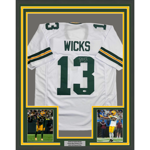 Framed Autographed/Signed Dontayvion Wicks 35x39 Green Bay White Football Jersey JSA COA