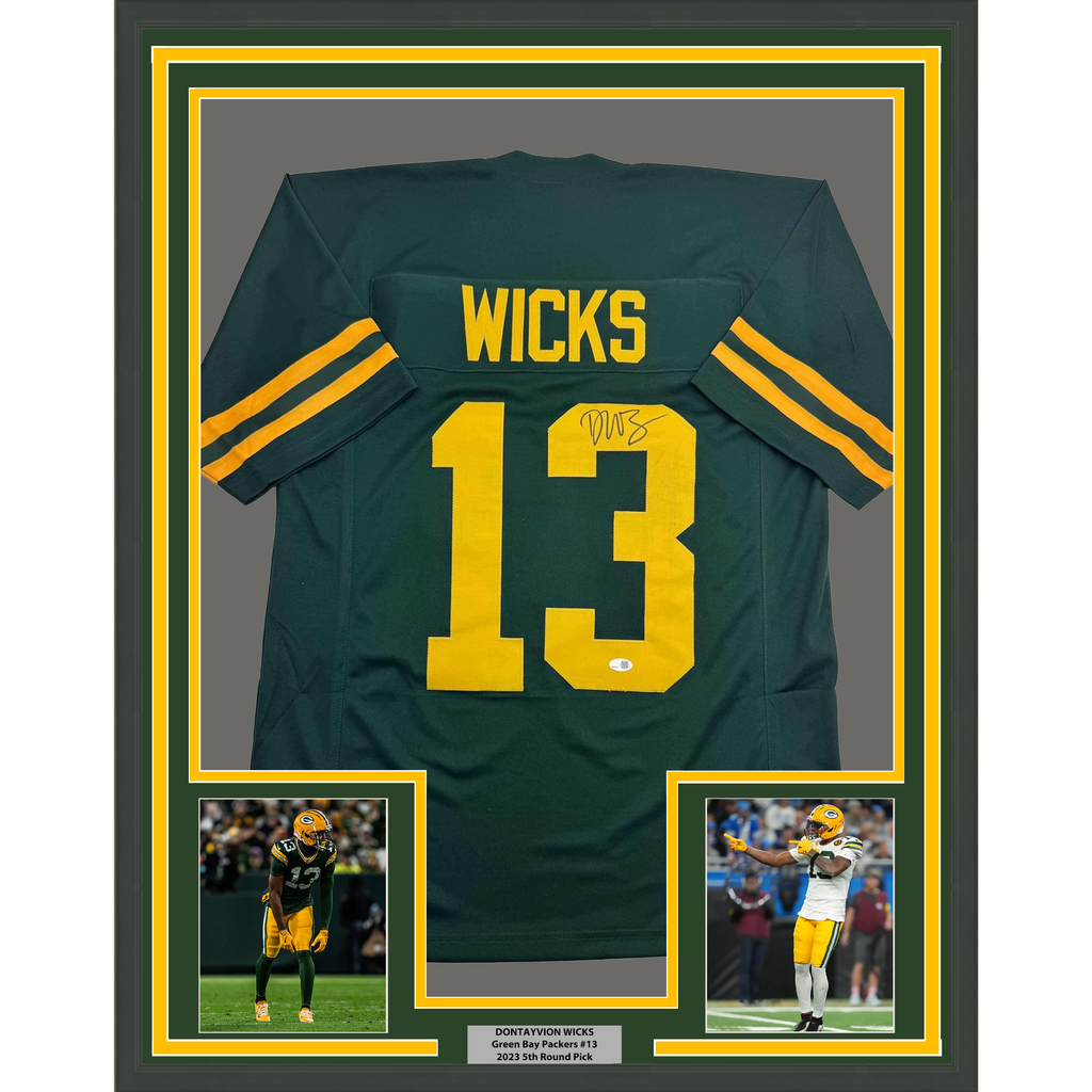 Framed Autographed/Signed Dontayvion Wicks 35x39 Green Bay Color Rush Football Jersey JSA COA