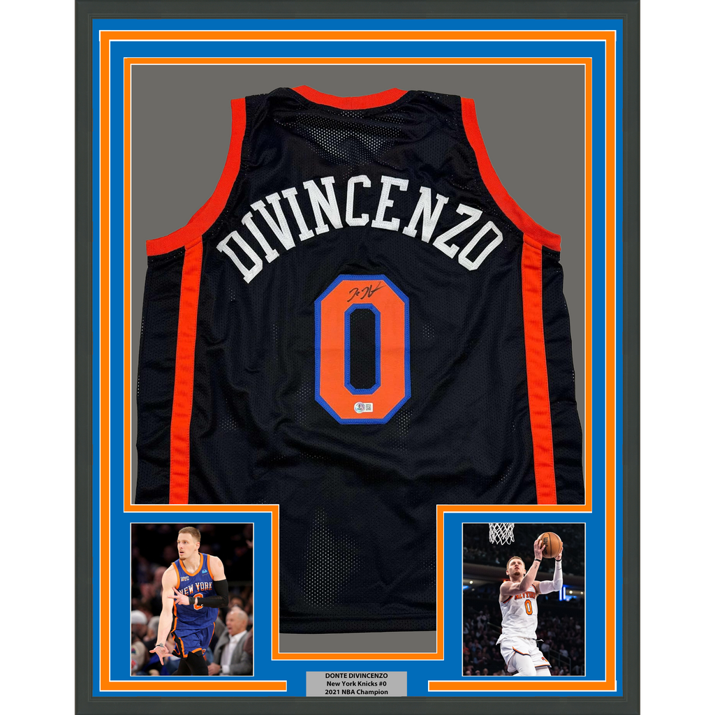 Framed Autographed/Signed Donte Divincenzo 35x39 New York Black Basketball Jersey Beckett BAS COA