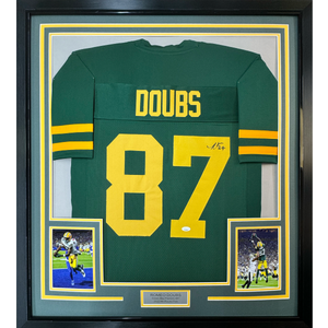 Framed Autographed/Signed Romeo Doubs 35x39 Green Bay Color Rush Green Football Jersey JSA COA