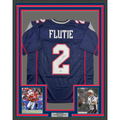 Framed Autographed/Signed Doug Flutie 35x39 New England Blue Football Jersey Beckett BAS COA