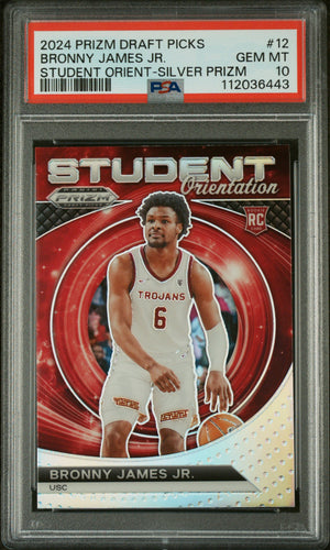 Graded 2024 Panini Prizm Draft Picks Bronny James #12 Student Orientation Silver Prizm Rookie RC Basketball Card PSA 10 Gem Mint