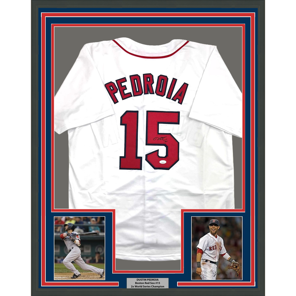 Framed Autographed/Signed Dustin Pedroia 35x39 Boston White Baseball Jersey JSA COA