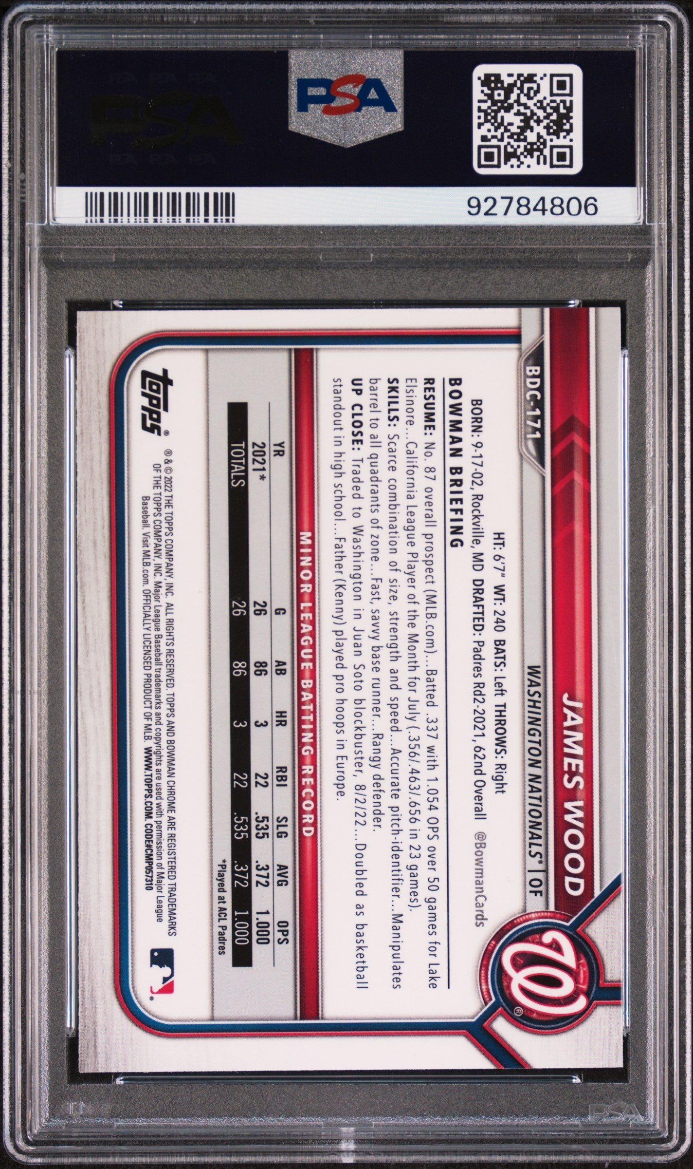 Graded 2022 Topps Bowman Draft James Wood #BDC171 Chrome Rookie RC Baseball Card PSA 10 Gem Mint