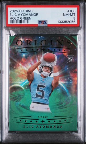 2025 Panini Origins Holo Green Elic Ayomanor #108 1/5 Rookie RC Football Card PSA 8 NM-MT