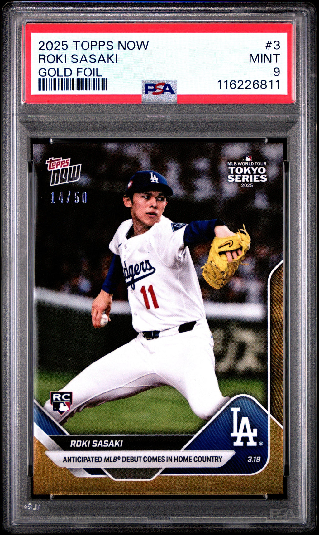 Graded 2025 Topps Now Roki Sasaki #3 Gold Foil /50 Rookie RC Baseball Card PSA 9 Mint
