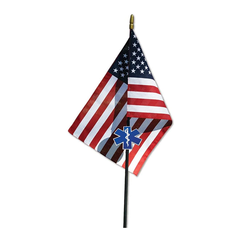 EMS Veteran Grave Marker With 30 Inch Tall American Cemetery Flag, EMS Star Of Life Memorial.