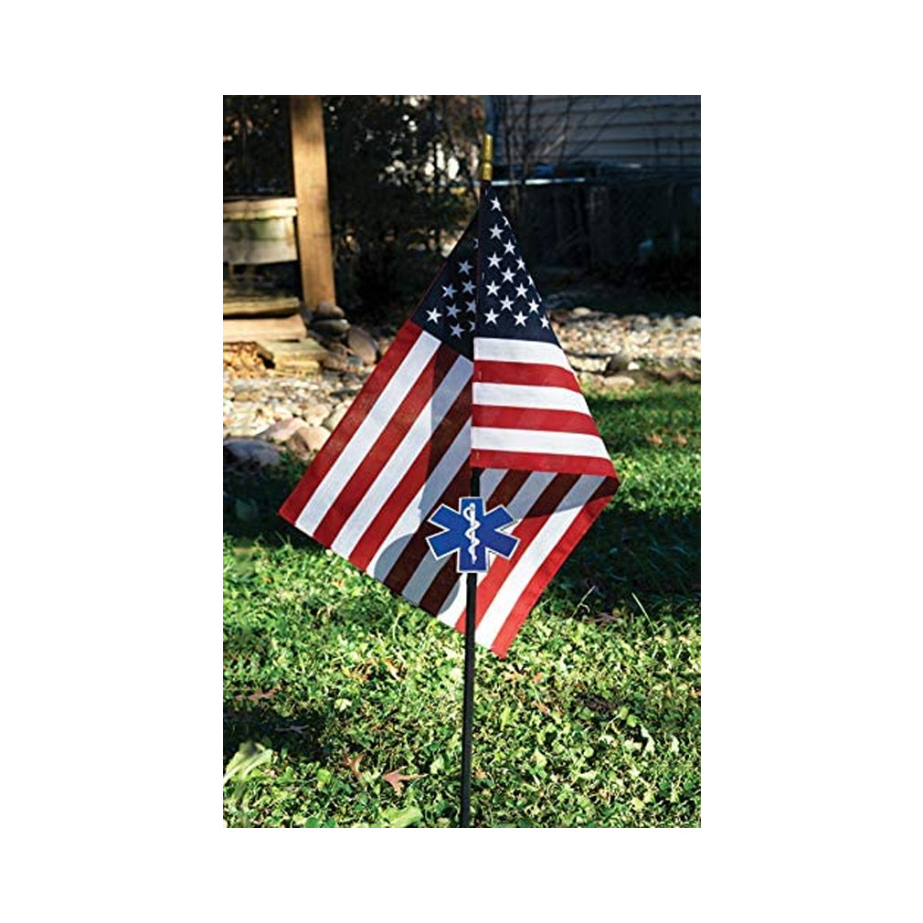 EMS Veteran Grave Marker With 30 Inch Tall American Cemetery Flag, EMS Star Of Life Memorial.