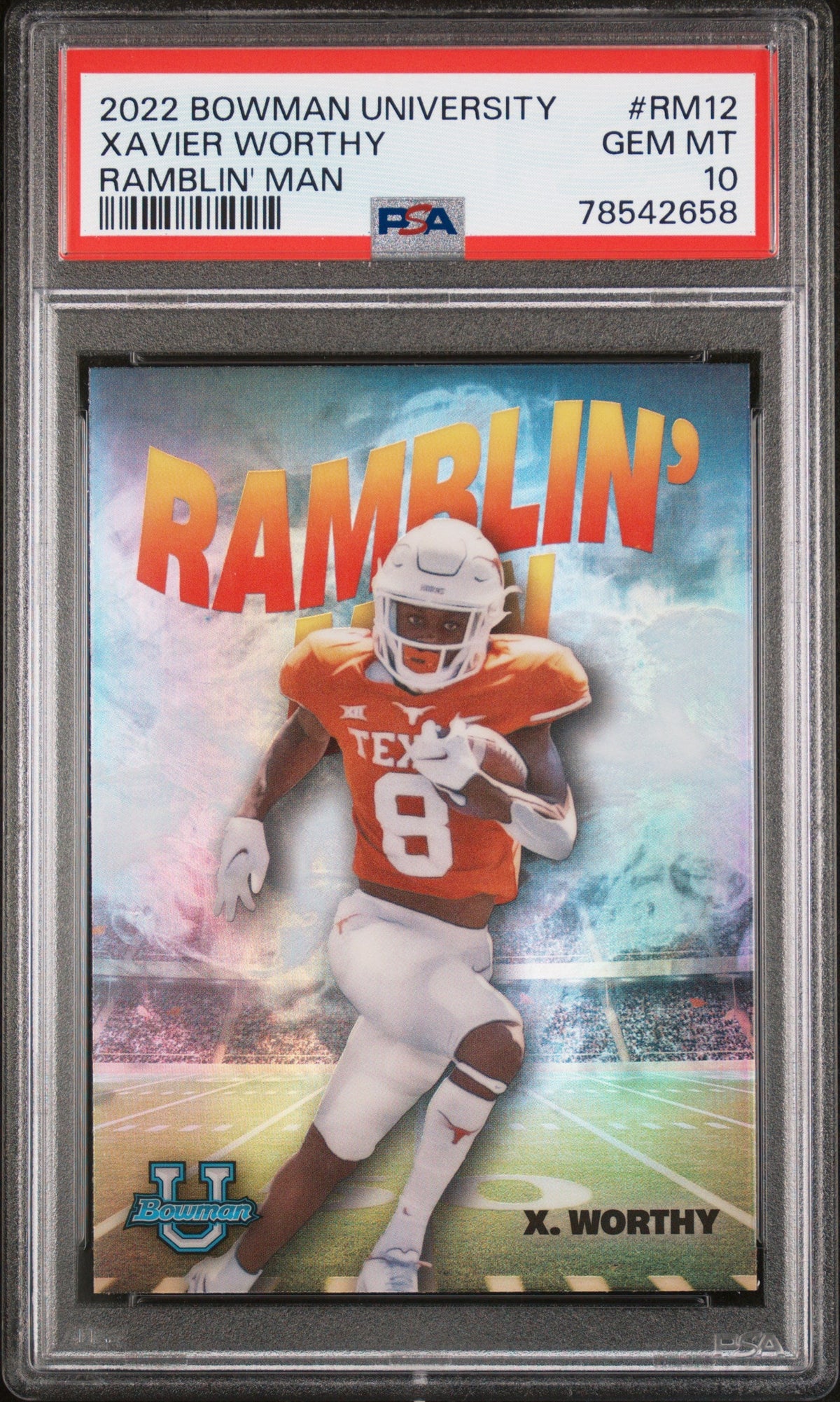 Graded 2022 Topps Bowman University Xavier Worthy #RM12 Ramblin Man Rookie RC Football Card PSA 10 Gem Mint