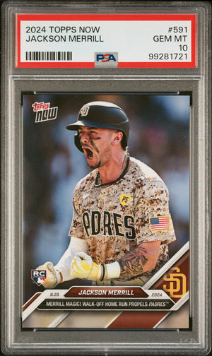 Graded 2024 Topps Now Jackson Merrill #591 Merrill Magic! Walk Off Home Run Propels Padres Rookie RC Baseball Card PSA 10 Gem Mint