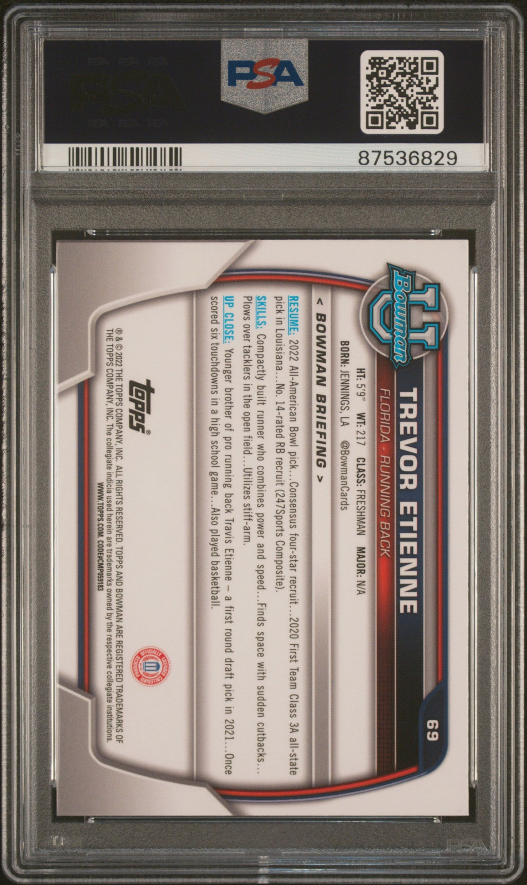 Graded 2022 Topps Bowman University Trevor Etienne #69 Chrome Prospects Rookie RC Football Card PSA 10 Gem Mint