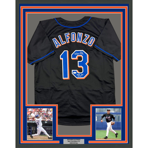 Framed Autographed/Signed Edgardo Alfonzo 35x39 New York Black Baseball Jersey JSA COA