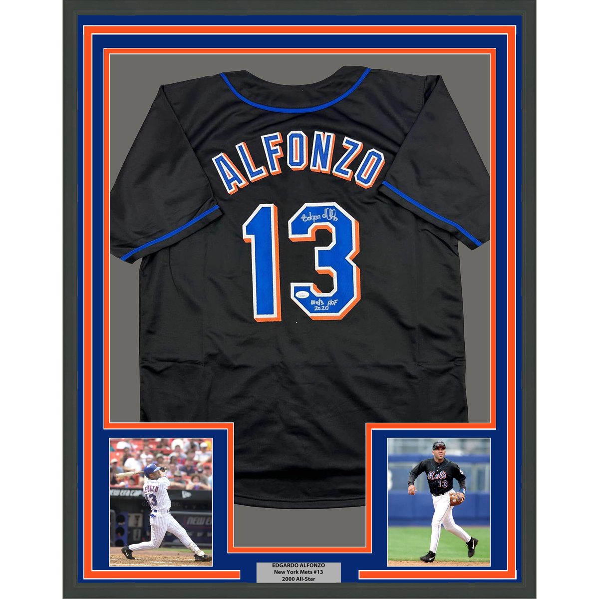 Framed Autographed/Signed Edgardo Alfonzo 35x39 New York Black Baseball Jersey JSA COA