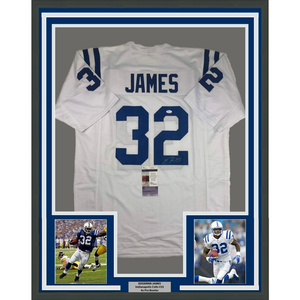 Framed Autographed/Signed Edgerrin James 35x39 Indianapolis White Football Jersey JSA COA
