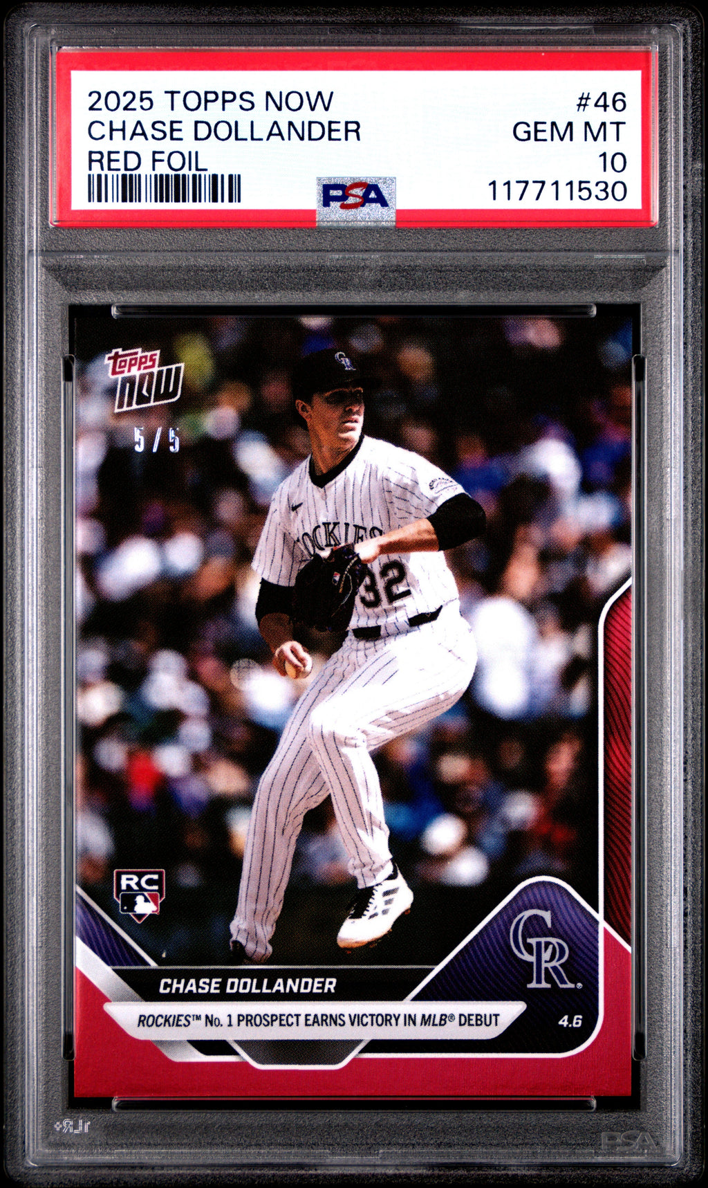 Graded 2025 Topps Now Chase Dollander #46 Red Foil /5 Rookie RC Baseball Card PSA 10 Gem Mint