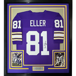Framed Autographed/Signed Carl Eller HOF 04 35x39 Minnesota Vikings Purple Football Jersey JSA COA