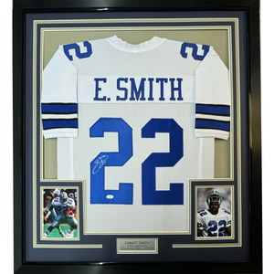 Framed Autographed/Signed Emmitt Smith 35x39 Dallas White Football Jersey JSA COA