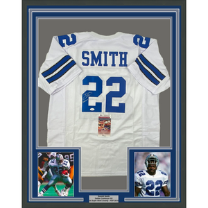Framed Autographed/Signed Emmitt Smith 35x39 Dallas White HOF 2010 Football Jersey JSA COA