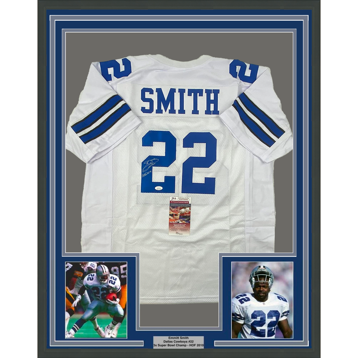 Framed Autographed/Signed Emmitt Smith 35x39 Dallas White HOF 2010 Football Jersey JSA COA