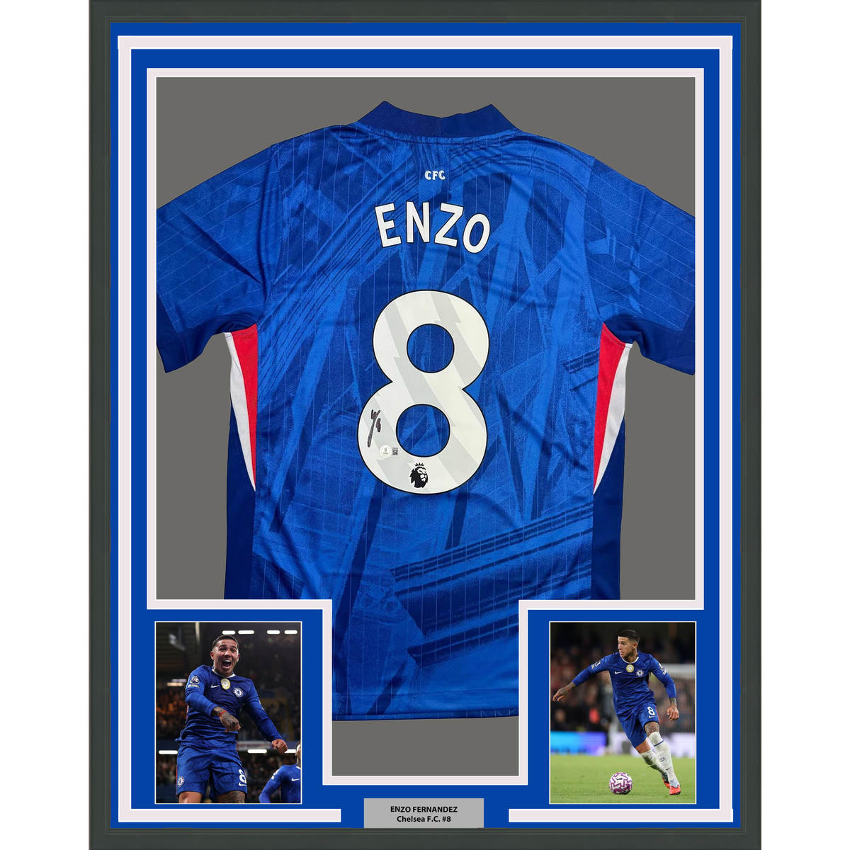 Framed Autographed/Signed Enzo Fernandez 35x39 Chelsea FC Blue Soccer Futbol Jersey Beckett BAS COA