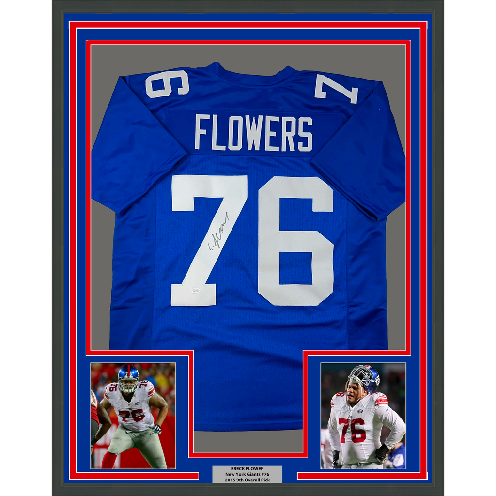 Framed Autographed/Signed Ereck Flowers 35x39 New York Blue Football Jersey JSA COA