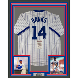 Framed Autographed/Signed Ernie Banks 35x39 Chicago Pinstripe Baseball Jersey JSA COA