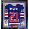Framed Autographed/Signed Mike Eruzione 35x39 Blue 1980 Miracle On Ice United States Hockey Jersey JSA COA