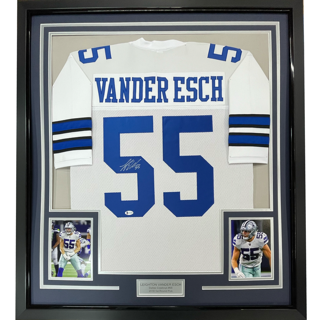 Framed Autographed/Signed Leighton Vander Esch 35x39 Dallas White Football Jersey JSA COA