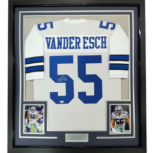 Framed Autographed/Signed Leighton Vander Esch 35x39 Dallas White Football Jersey JSA COA