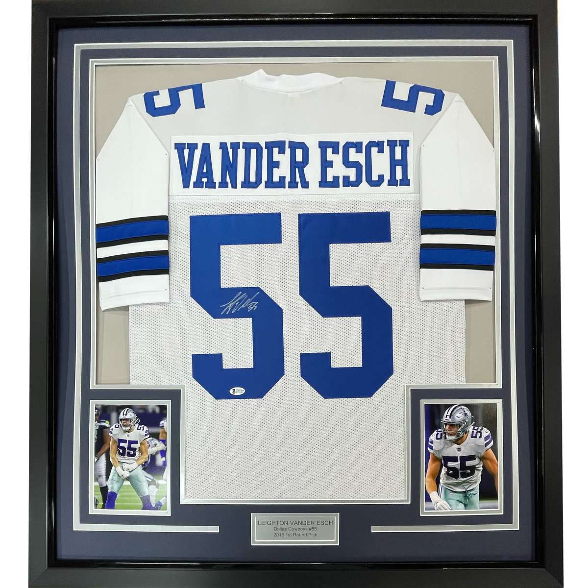 Framed Autographed/Signed Leighton Vander Esch 35x39 Dallas White Football Jersey JSA COA