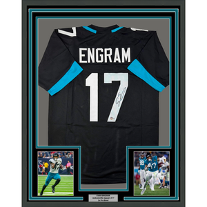 Framed Autographed/Signed Evan Engram 35x39 Jacksonville Black Football Jersey Beckett BAS COA